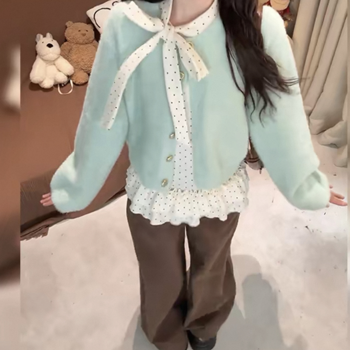 Tian : 秋冬新款甜美减龄韩系针织开衫波点长袖休闲裤