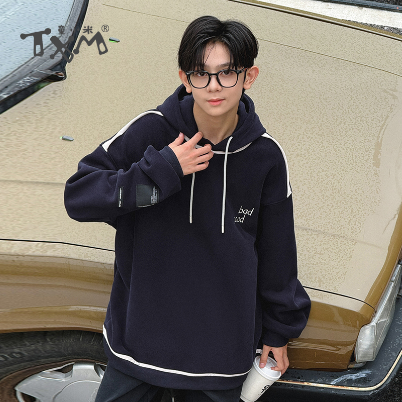 青少年连帽卫衣加绒2025冬季新款中大童加厚卫衣外套男童冬装帽衫