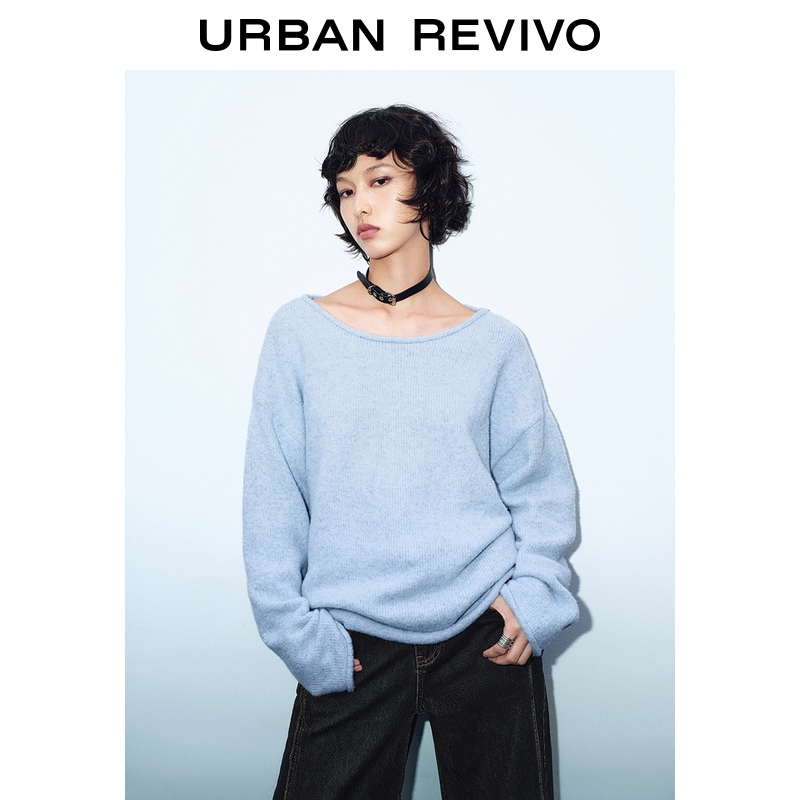 【HOT】UR2025冬季新款女潮流简约肌理感卷边针织衫UYV950037