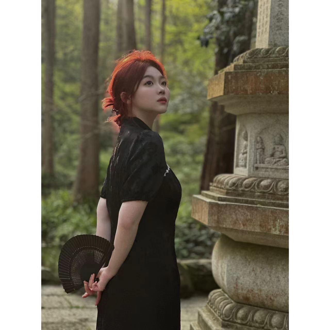 晶咕「南国晚风」新中式复古改良镂空暗花泡泡袖旗袍连