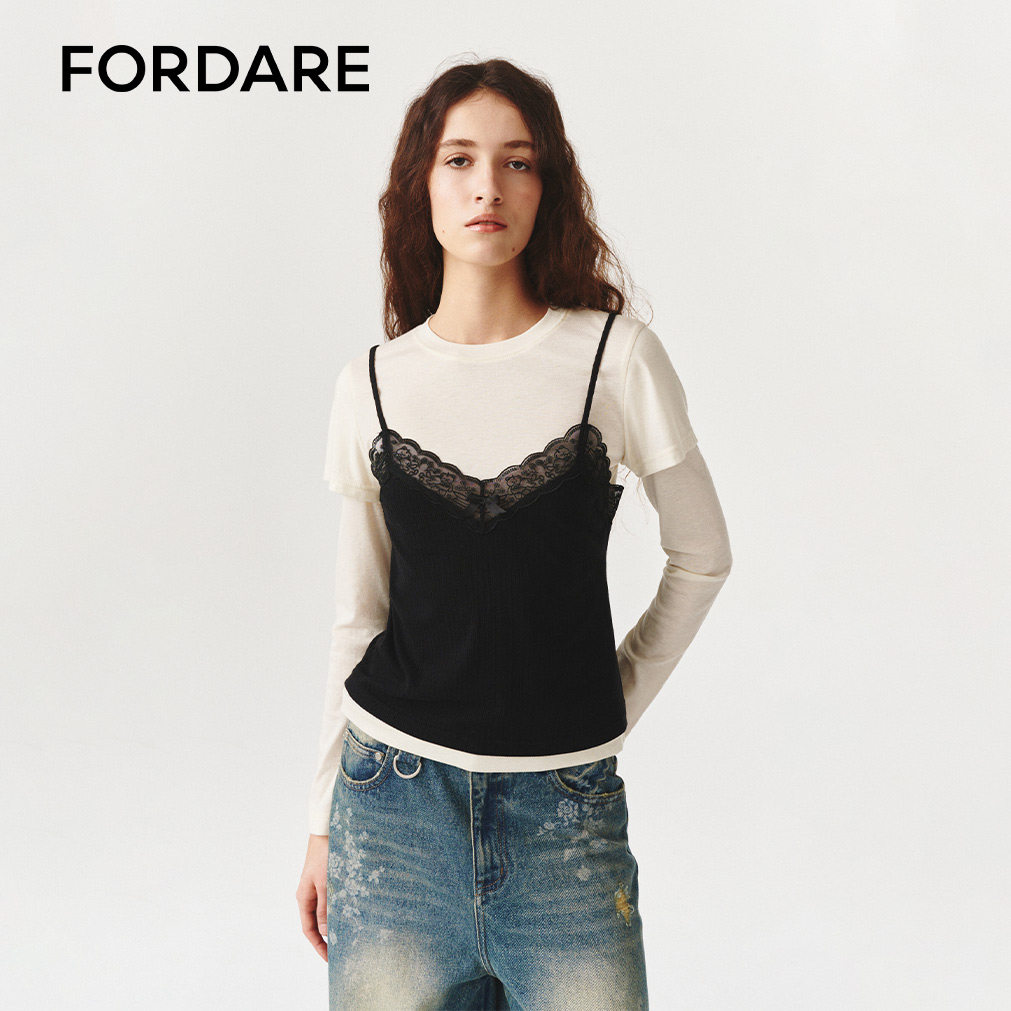 FORDARE/福蝶 26春夏新品 抱抱小熊蕾丝假两件长袖T恤3346 3347