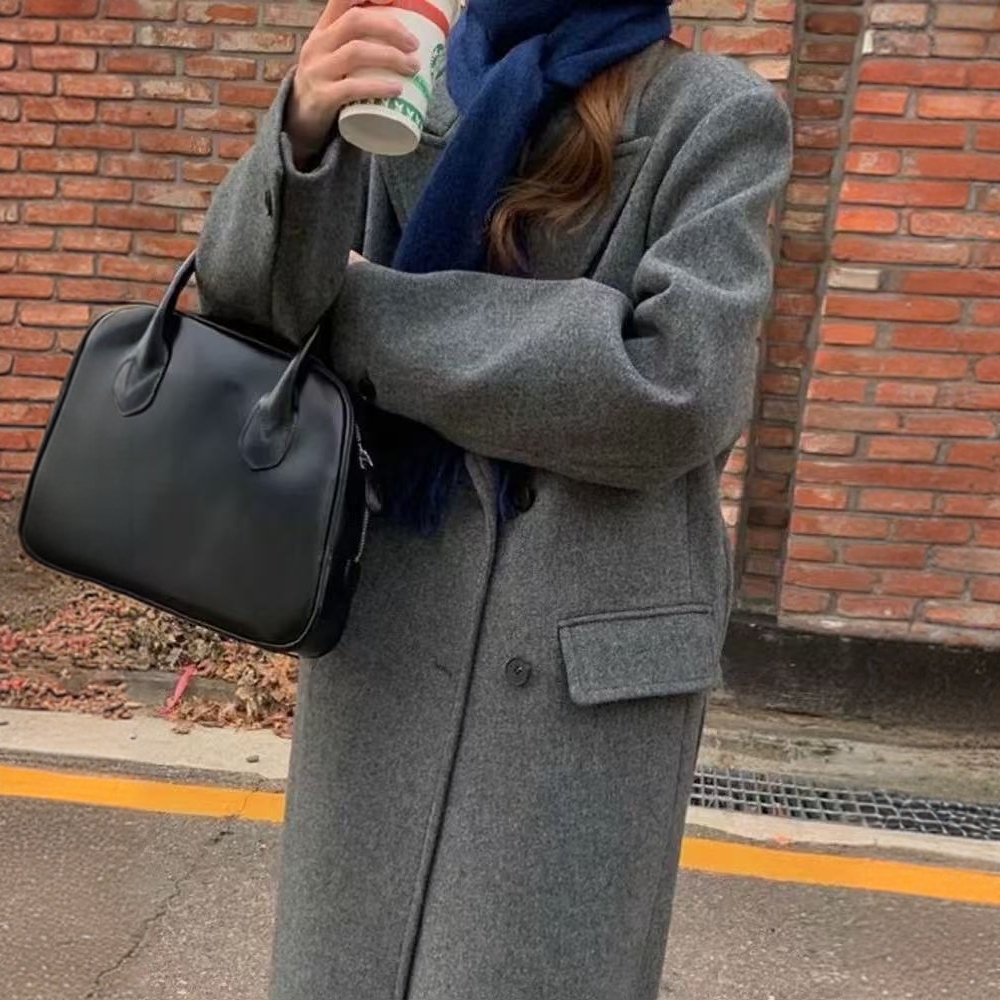 新款驼色西装领双面手缝大衣长款系带高级显瘦款