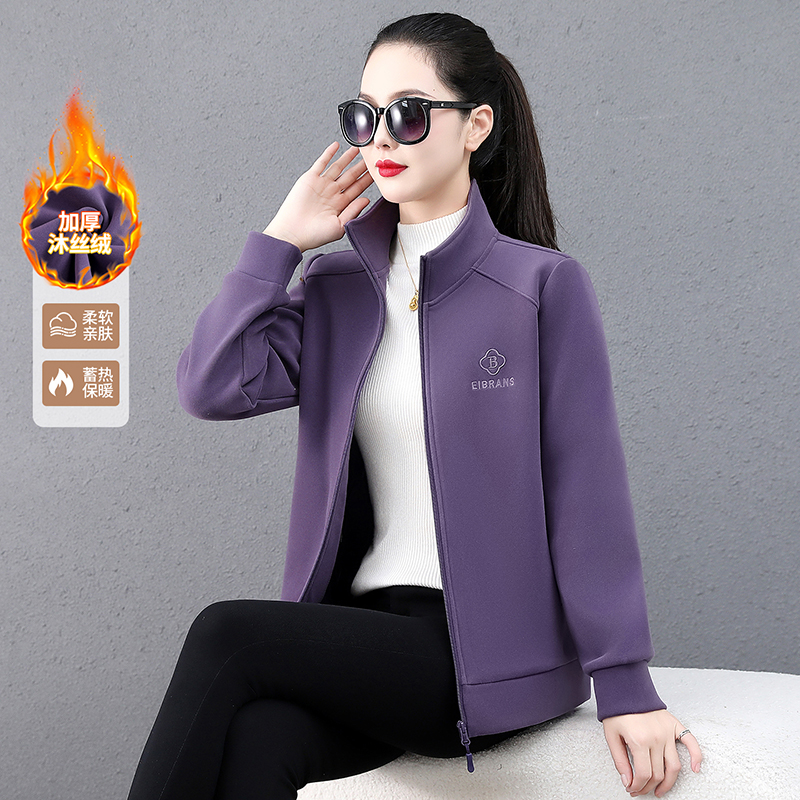 恩狐中老年女加绒外套女秋冬季新款减龄加厚长袖开衫卫衣连帽上衣