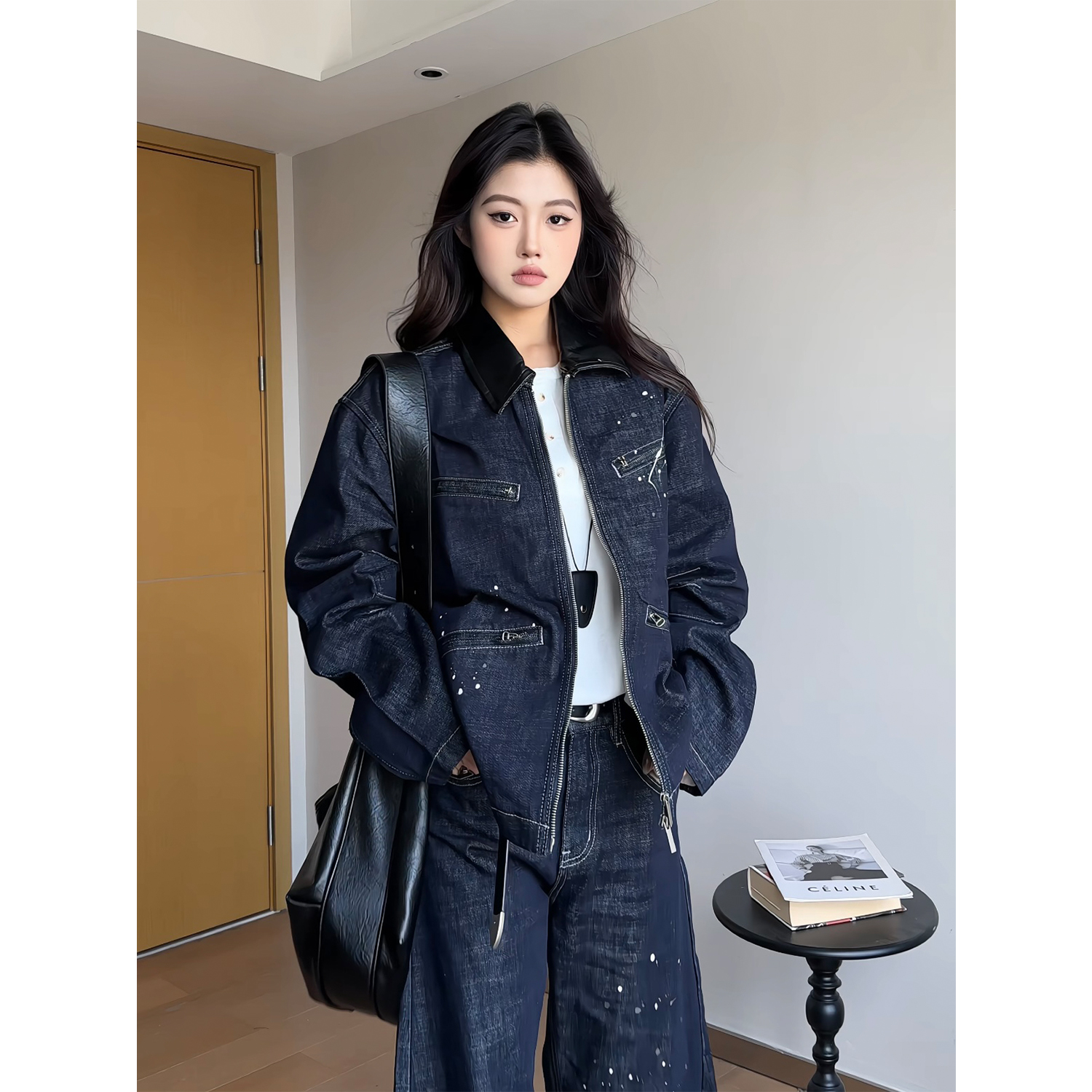 【清仓+MA-25210】MaxDstr 重磅拉链口袋泼墨原牛牛仔夹克男女
