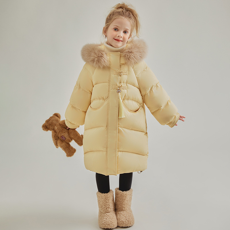 韩版2024新款冬季女童中长款连帽加厚羽绒服童装外套