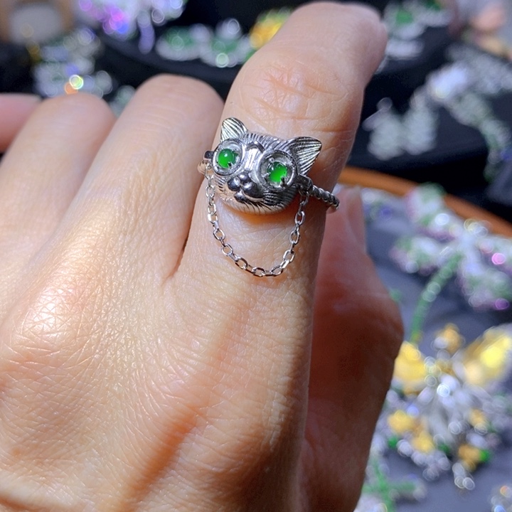 翡翠戒指银S925镶嵌天然翡翠