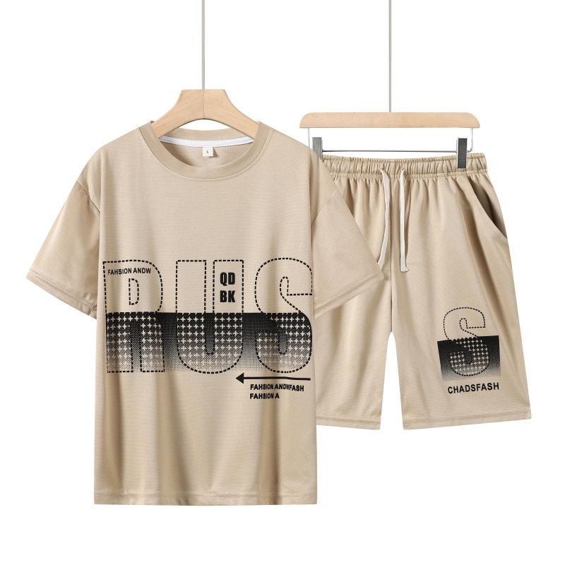 韩版潮流帅气套装男生夏季新款字母印花圆领短袖宽松透气短裤全套