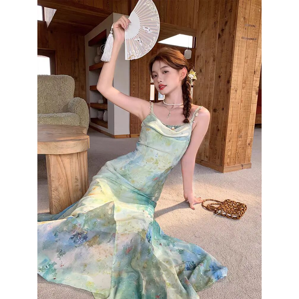 SS130-300斤大码女装法式小众高级感薄荷绿鱼尾吊带连衣裙女长裙