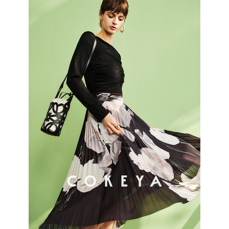 COKEYA/郁见浪漫~加捻纱印花轻薄长款高腰显瘦半身百褶伞裙女春季