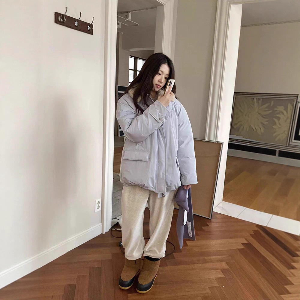 韩货-韩系羊羔毛翻领羽绒服女2025冬季宽松蓬松保暖防风外套eru*e