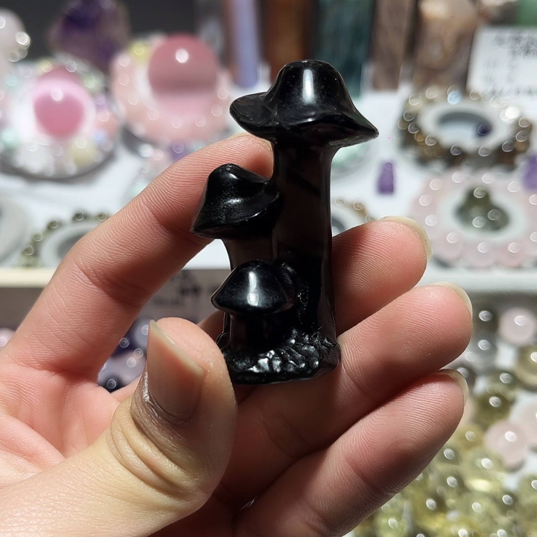 黑曜岩未镶嵌珠宝奇石开播福利冰种曜石雕刻件小蘑菇