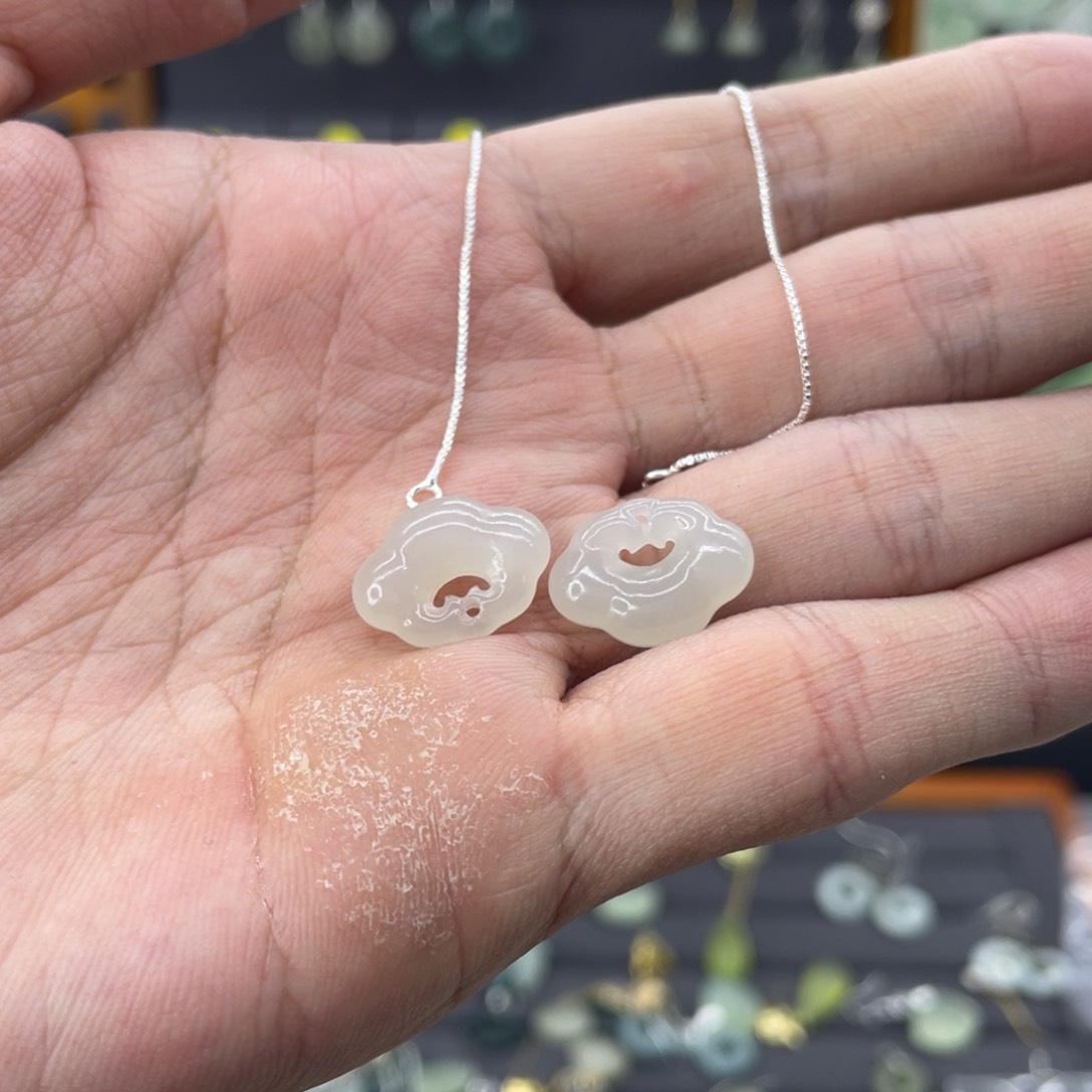 和田玉耳饰银S925镶嵌沛*