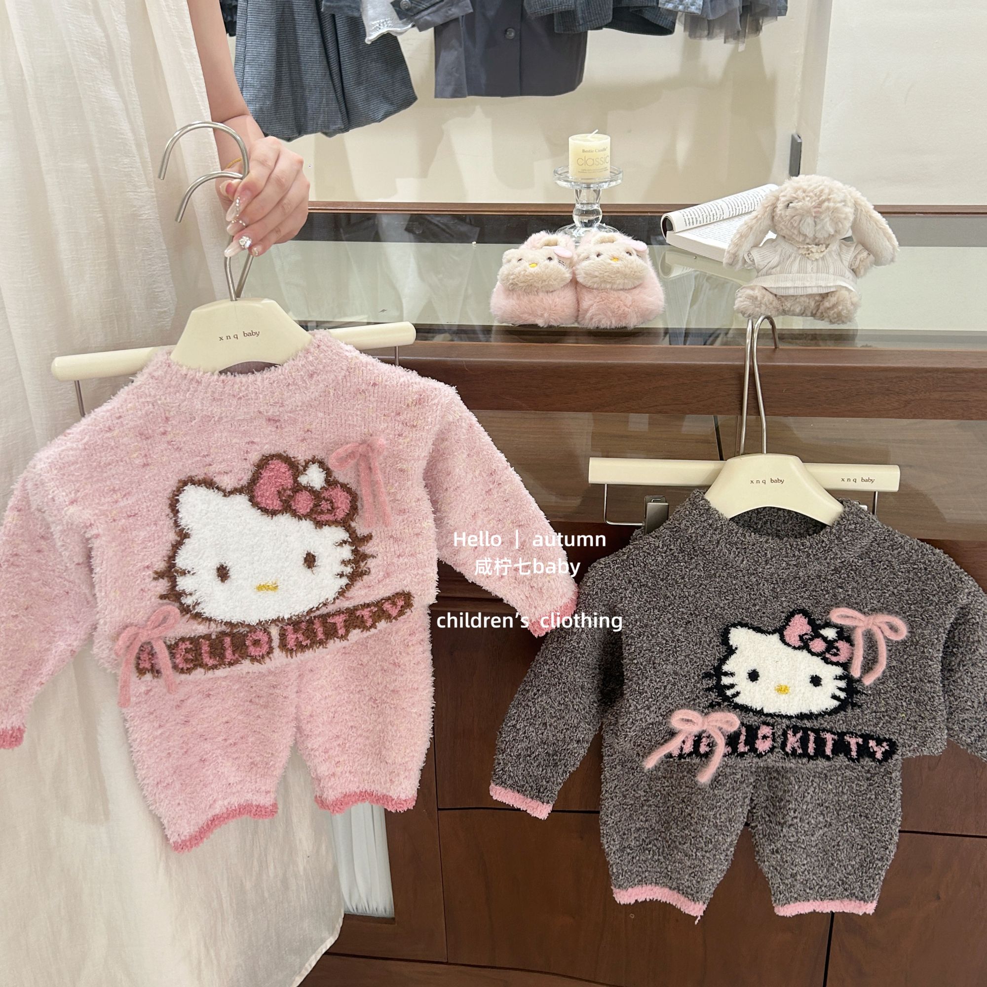 【咸柠七】原创！女宝宝秋冬睡衣可爱kt猫加绒加厚半边绒家居服套装