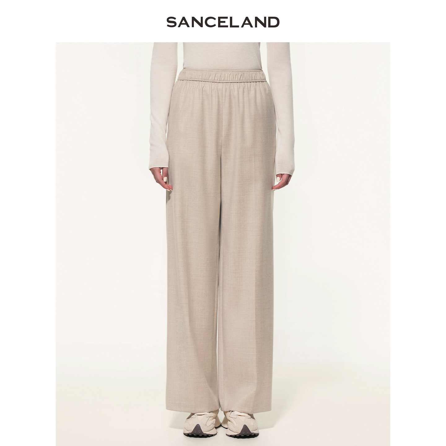 SANCELAND三石一澜25秋新款羊毛松紧腰高腰直筒休闲裤SJ32103028