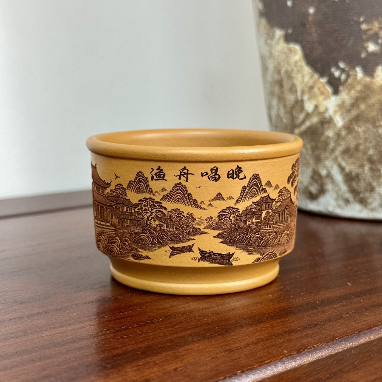 宜兴坭香紫砂杯手刻渔舟唱晚主人杯原矿百目黄金段茶杯140ml