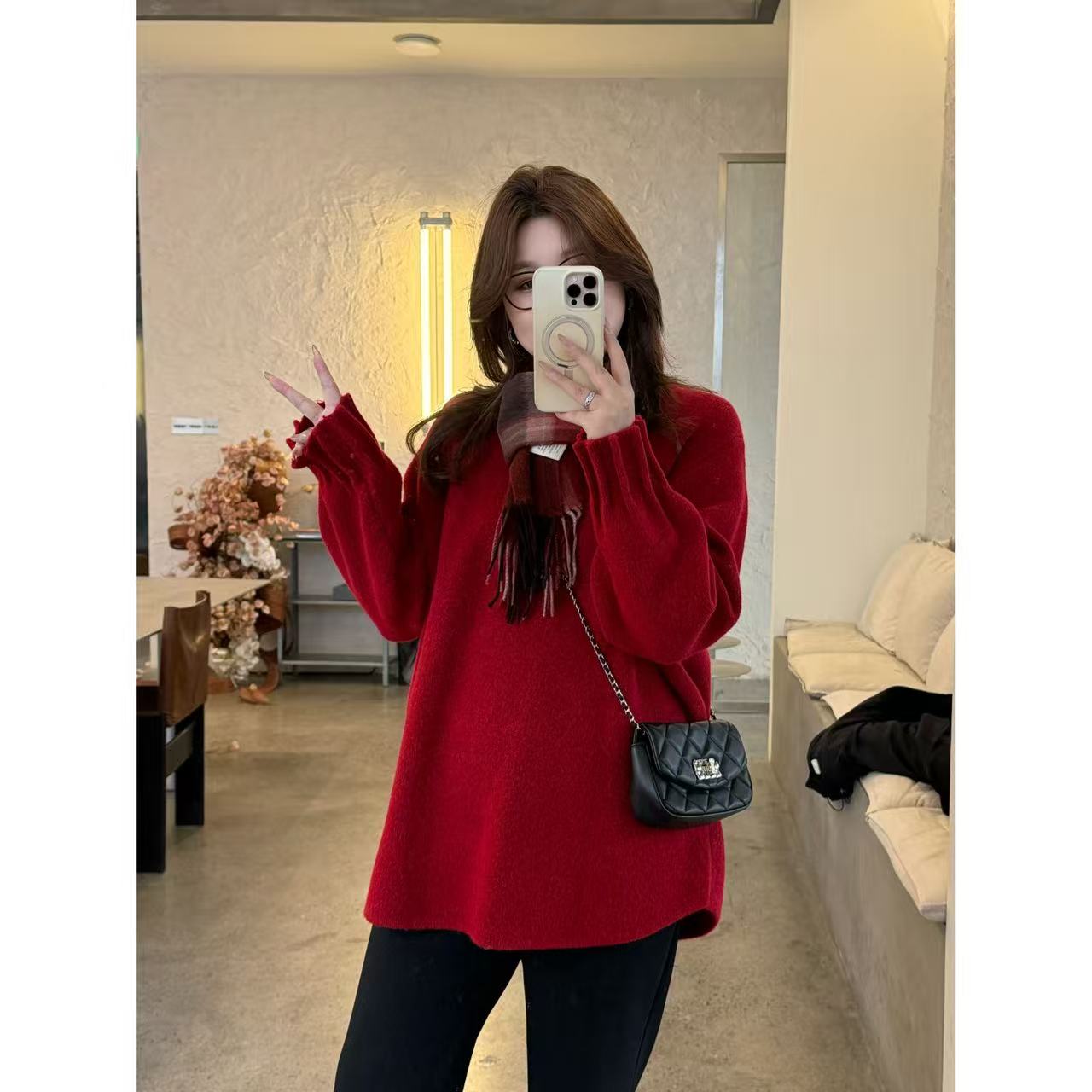 晶咕佳佳【花苞毛衣】袖口捏褶设计圆领纯色毛衣时尚百搭宽松加厚