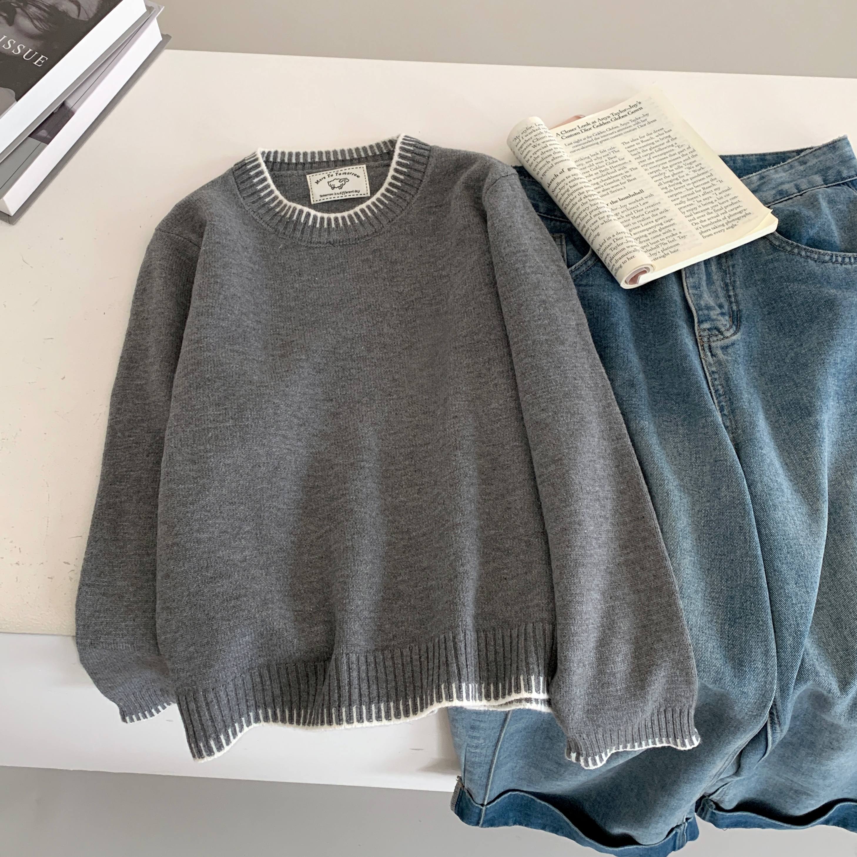 3445秋冬新款温柔风圆领长袖针织衫宽松内搭打底上衣