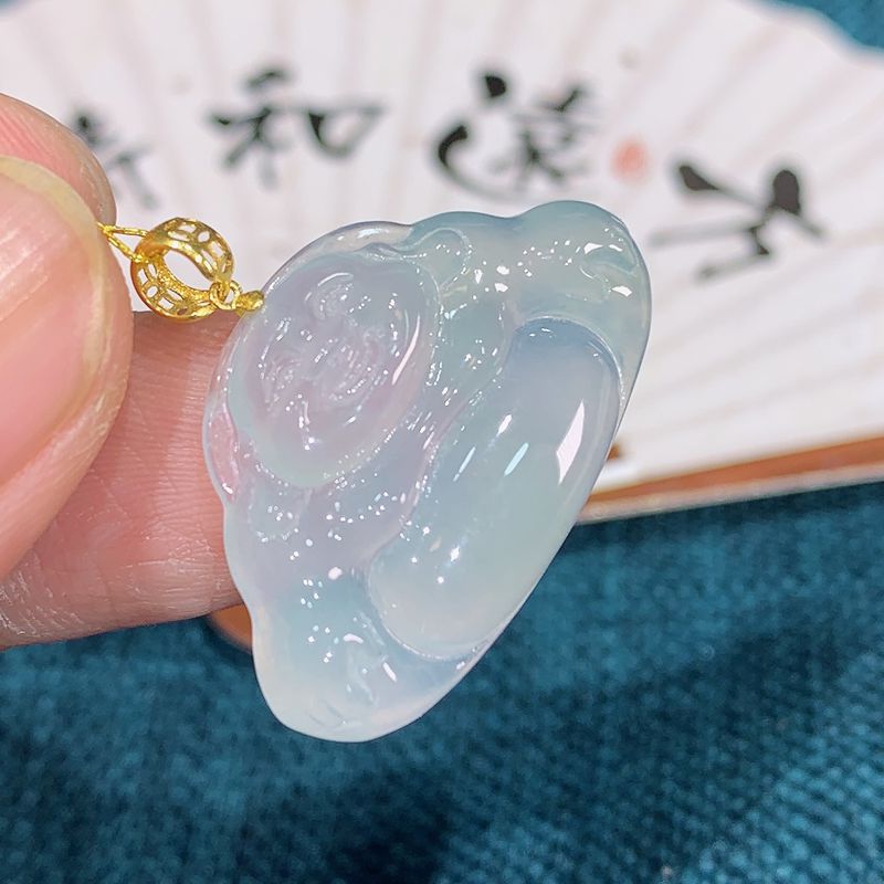 缅甸天然A货翡翠镶嵌18k金冰种芙蓉底色佛公吊坠25.1x29.7x4.3