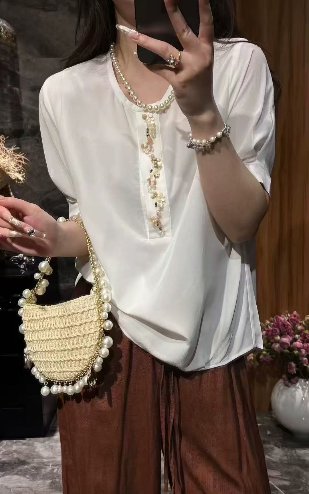 MM M胸110长62法式新款设计感半开领衬衫洋气休闲上衣短袖 1059