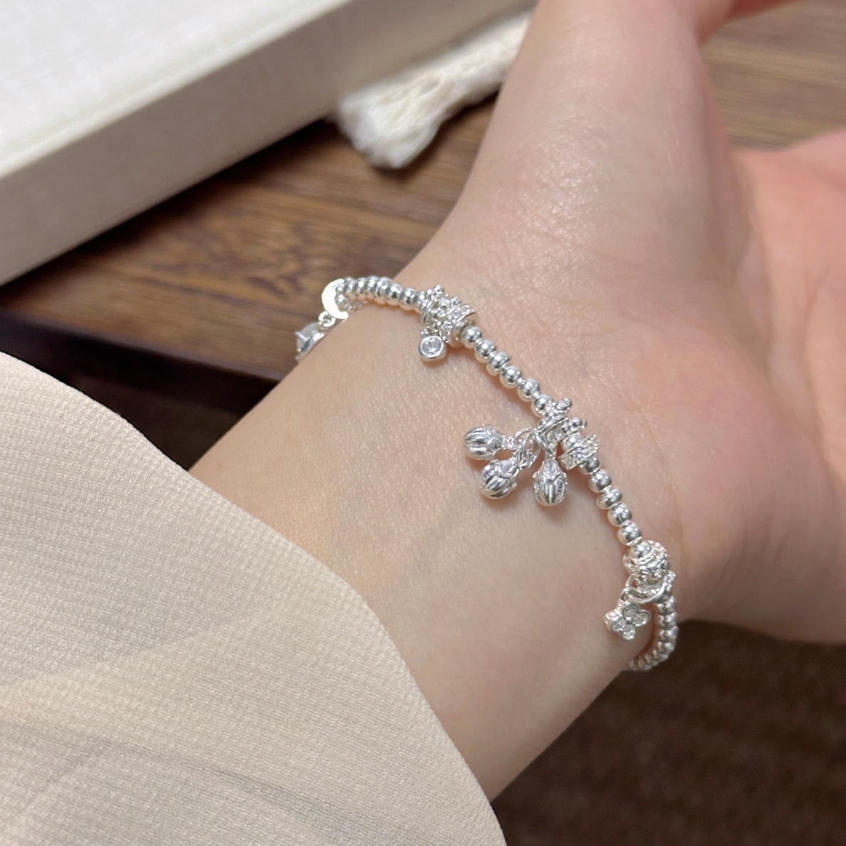 足银手链 999盘缠珠珠【一路生花】葫芦四叶草足银999纯银手链国风