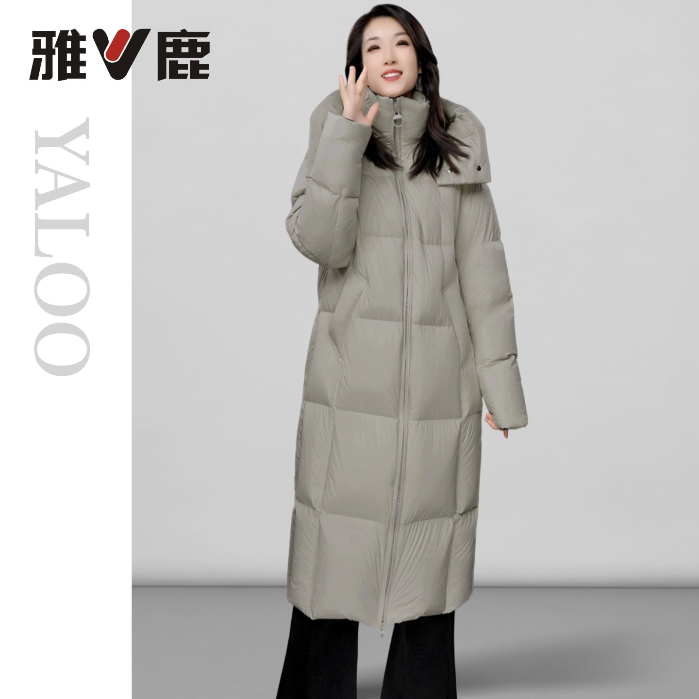 雅鹿90绒白鸭绒羽绒服女士中长米灰加厚款保暖冬季雪乡出游服装女