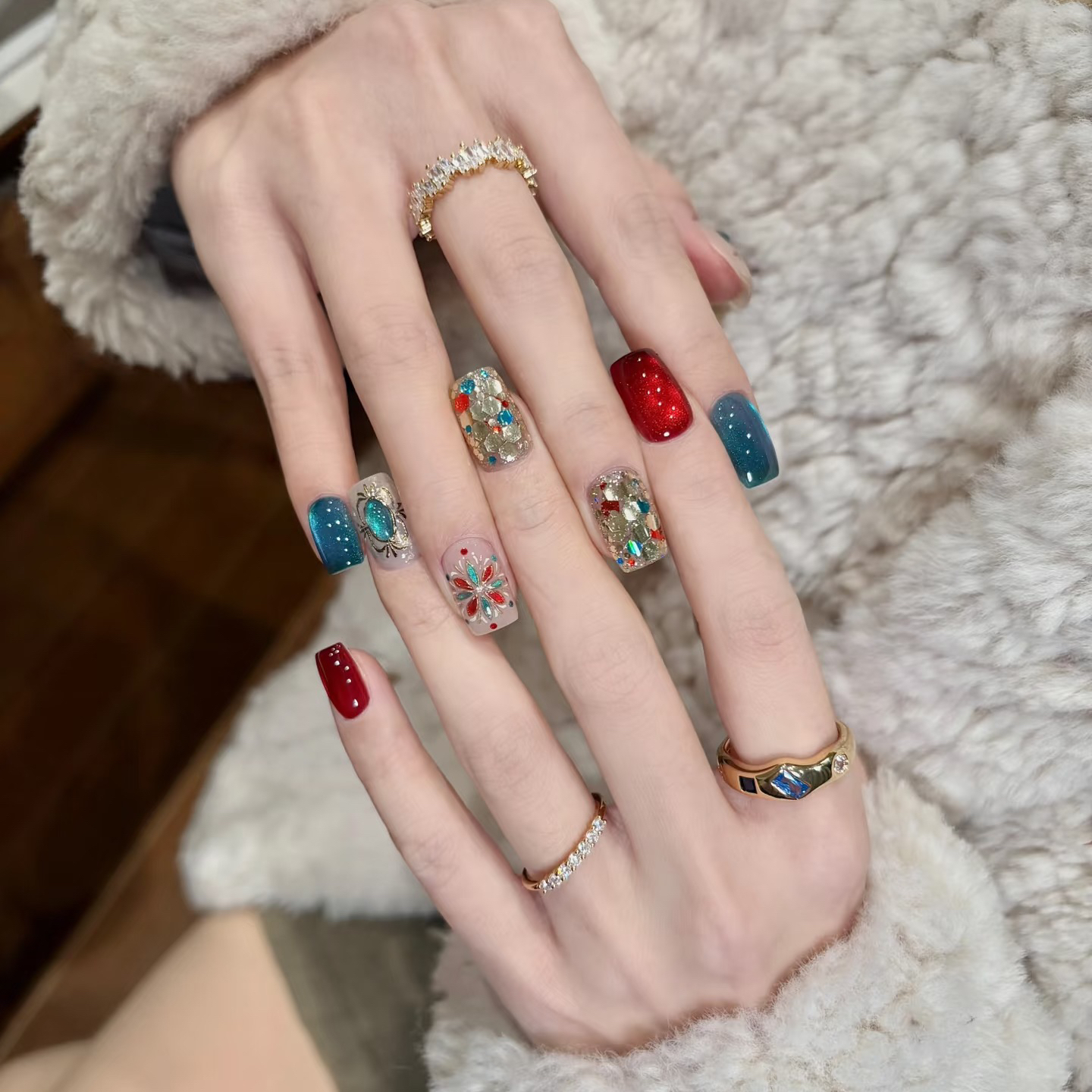 【波西米亚】AB双色变光设计纯手工气质穿戴式穿戴美甲-手绘古典花