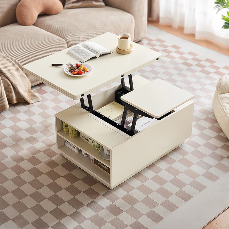 全友家居奶油风多功能升降茶几2025新款小户型客厅家用桌子