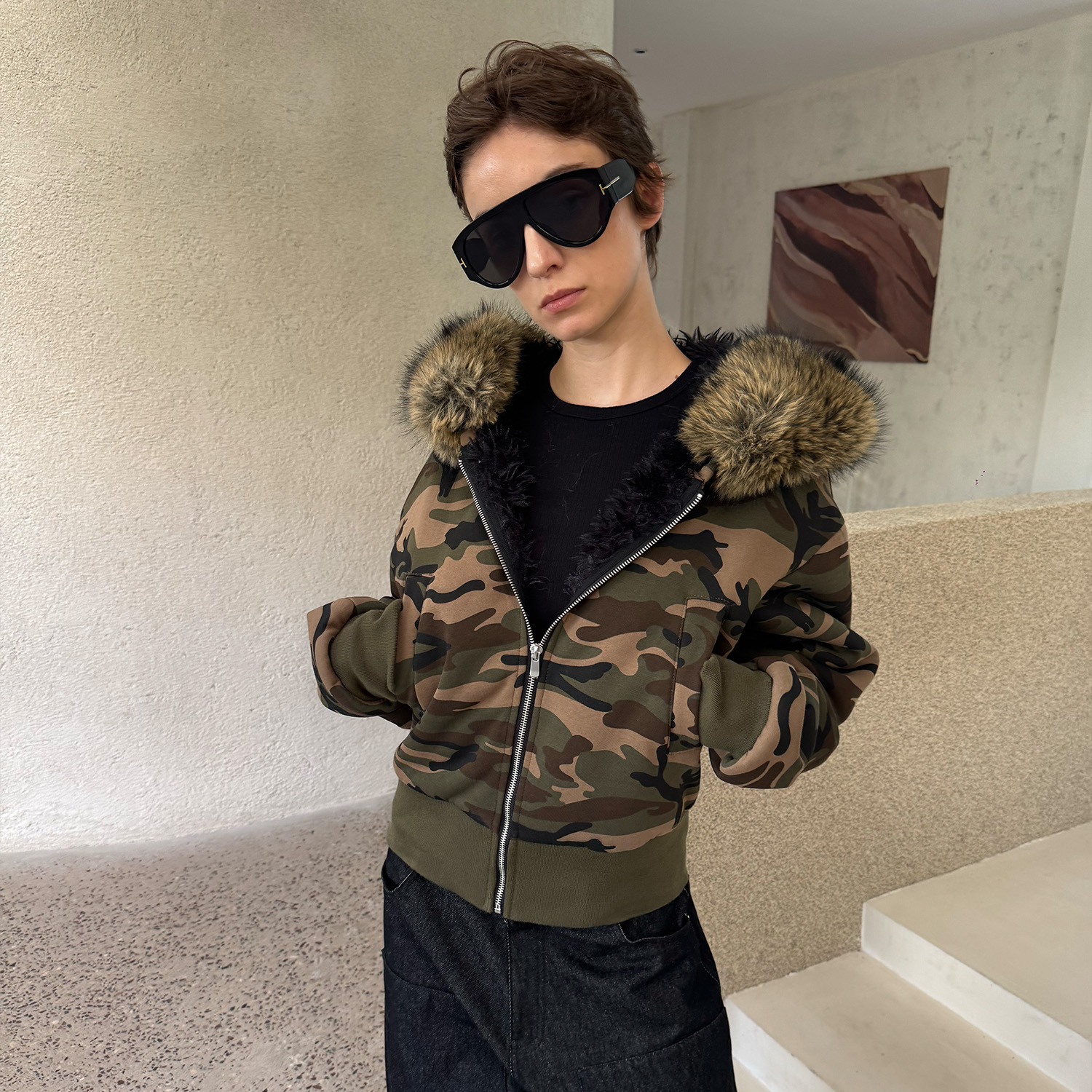 CasseSango可拆卸戴帽毛毛迷彩针织复合柔软长毛修身拉链卫衣外套