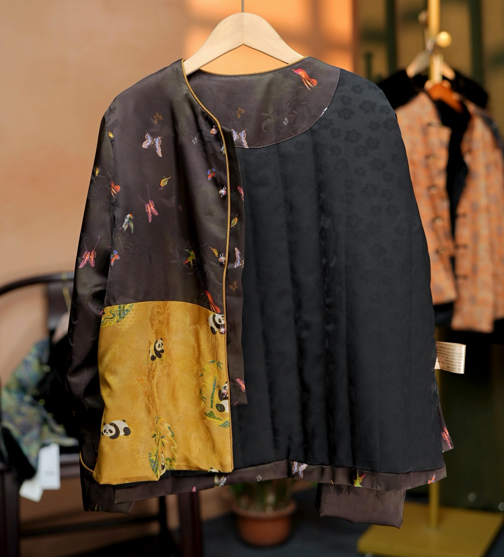 【熊猫】时尚新款爆款新中式中国风立领拼接提花撞色棉衣