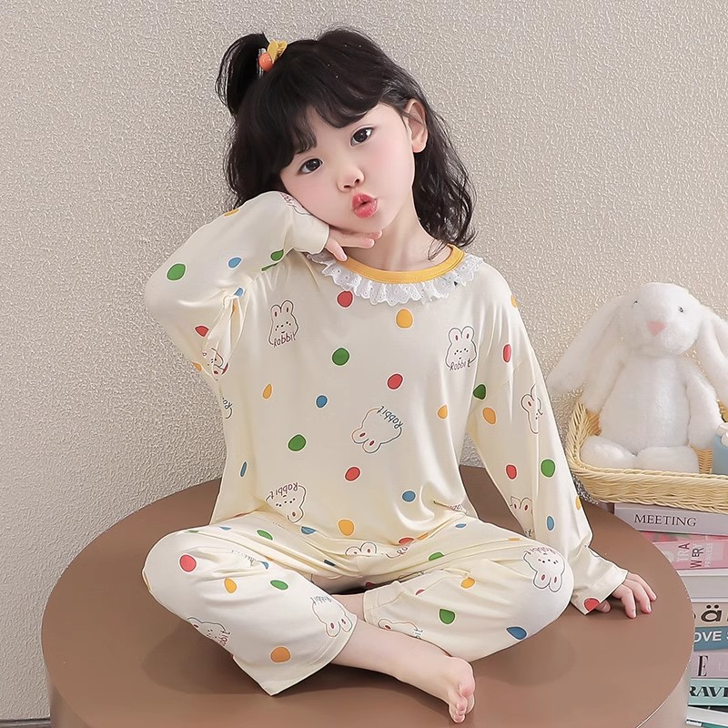 女童莫代尔睡衣春秋小女孩宝宝长袖空调服可爱套装夏季儿童家居服