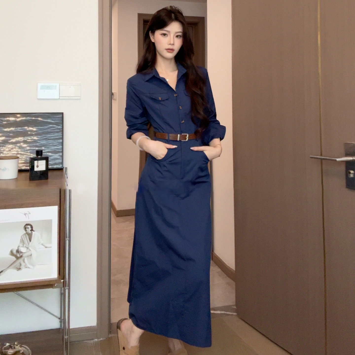 学院风polo领长袖工装连衣裙子女装秋季新款收腰显瘦气质绝美长裙