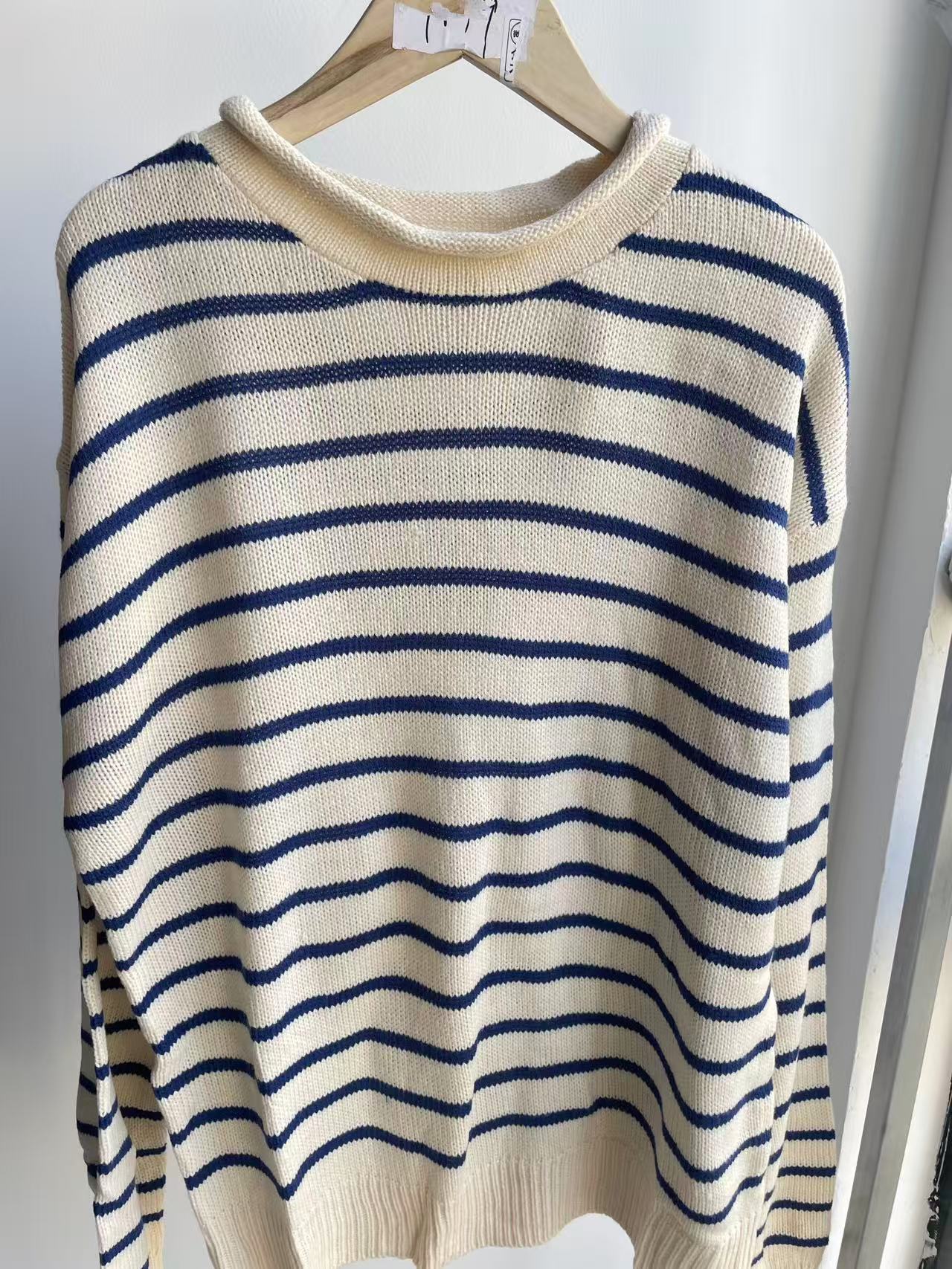 条纹长袖圆领女常规复古显瘦414