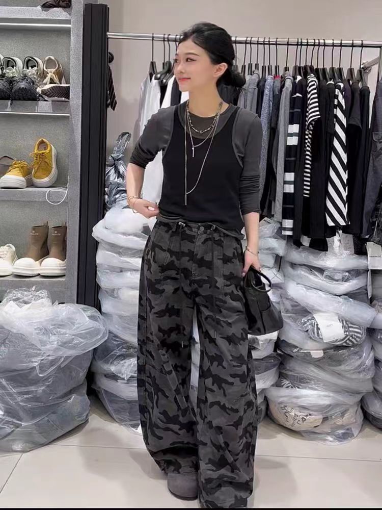 （琳琳家）新款洋气百搭显瘦减龄休闲宽松高品质迷彩牛仔弯刀裤