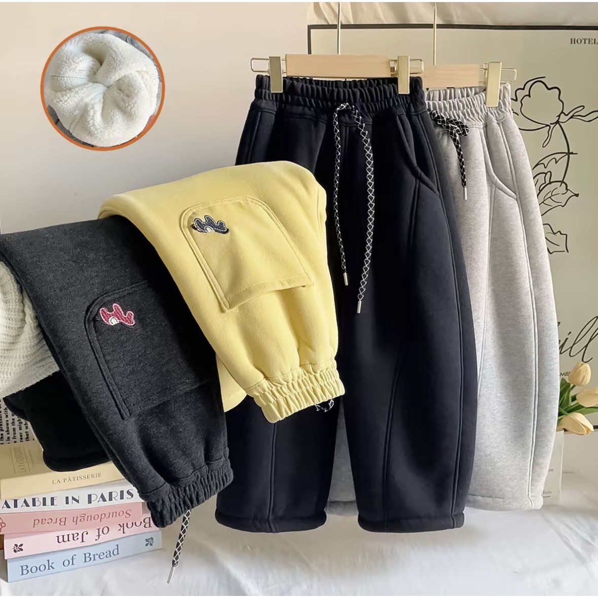 冬季加绒加厚男女童后袋小马宽松时尚百搭运动裤