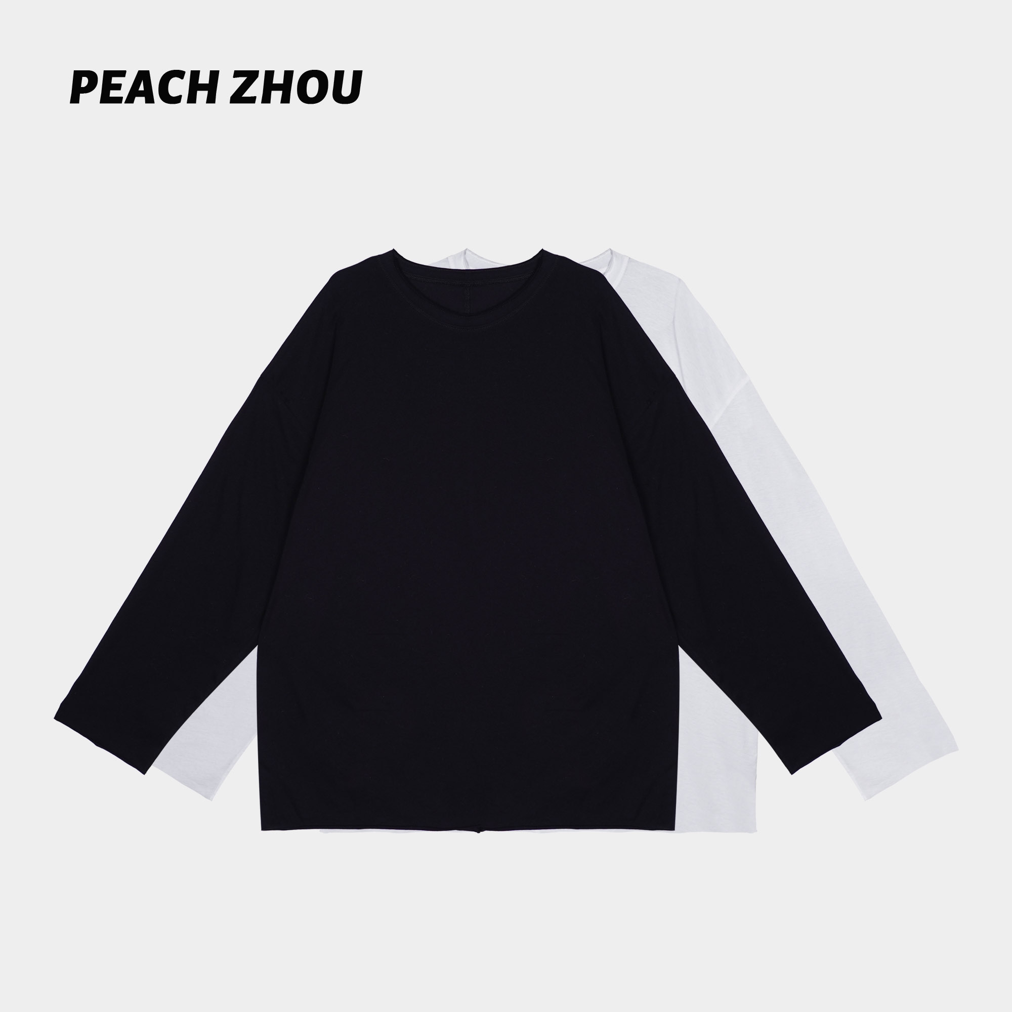 『PEACHZHOU』新疆长绒棉软糯卷边落肩宽松圆领长袖休闲百搭中性T恤