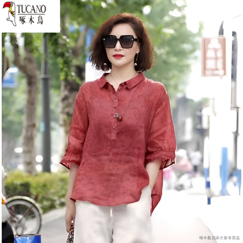 啄木鸟夏季衬衫女薄款天丝苎麻衬衣中年妈妈装宽松亚麻短袖上衣