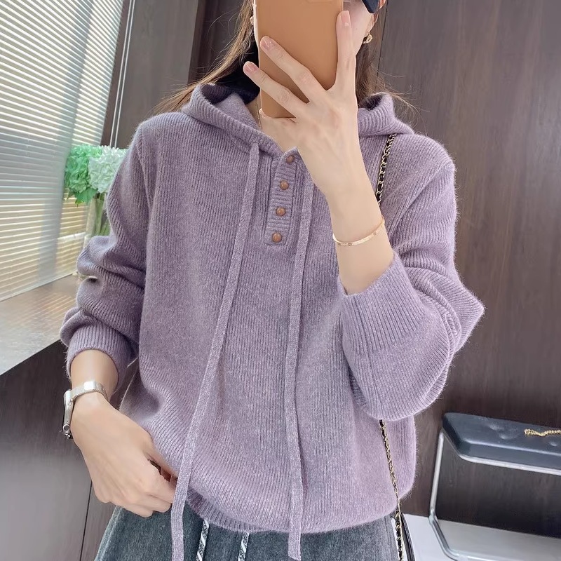 连帽软糯毛衣女秋冬款百搭温柔风气质百搭宽松抽绳套头针织衫上衣