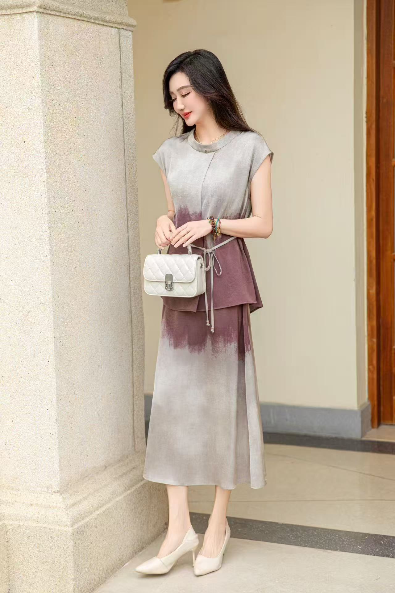 新款夏季超仙轻奢简约薄款通勤中长款扎染套裙