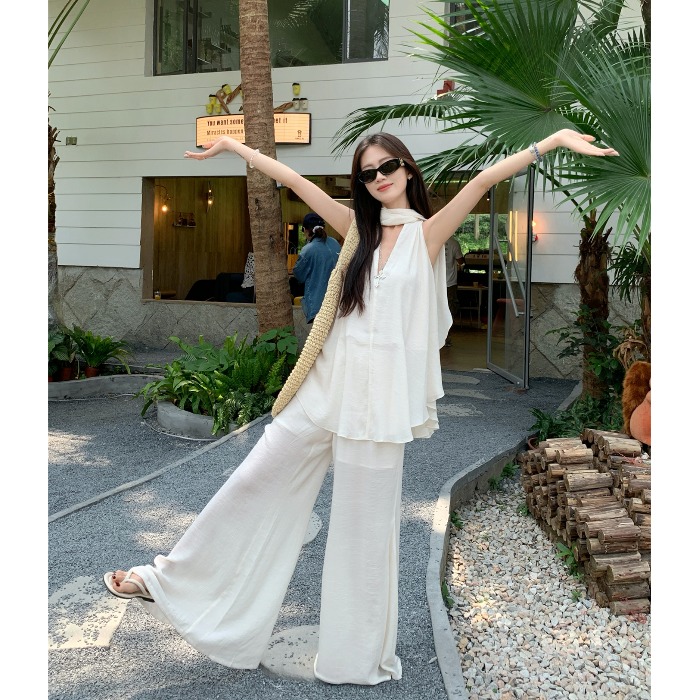 慵懒松弛感套装气质飘带v领吊带背心女夏季阔腿休闲裤长裤两件套
