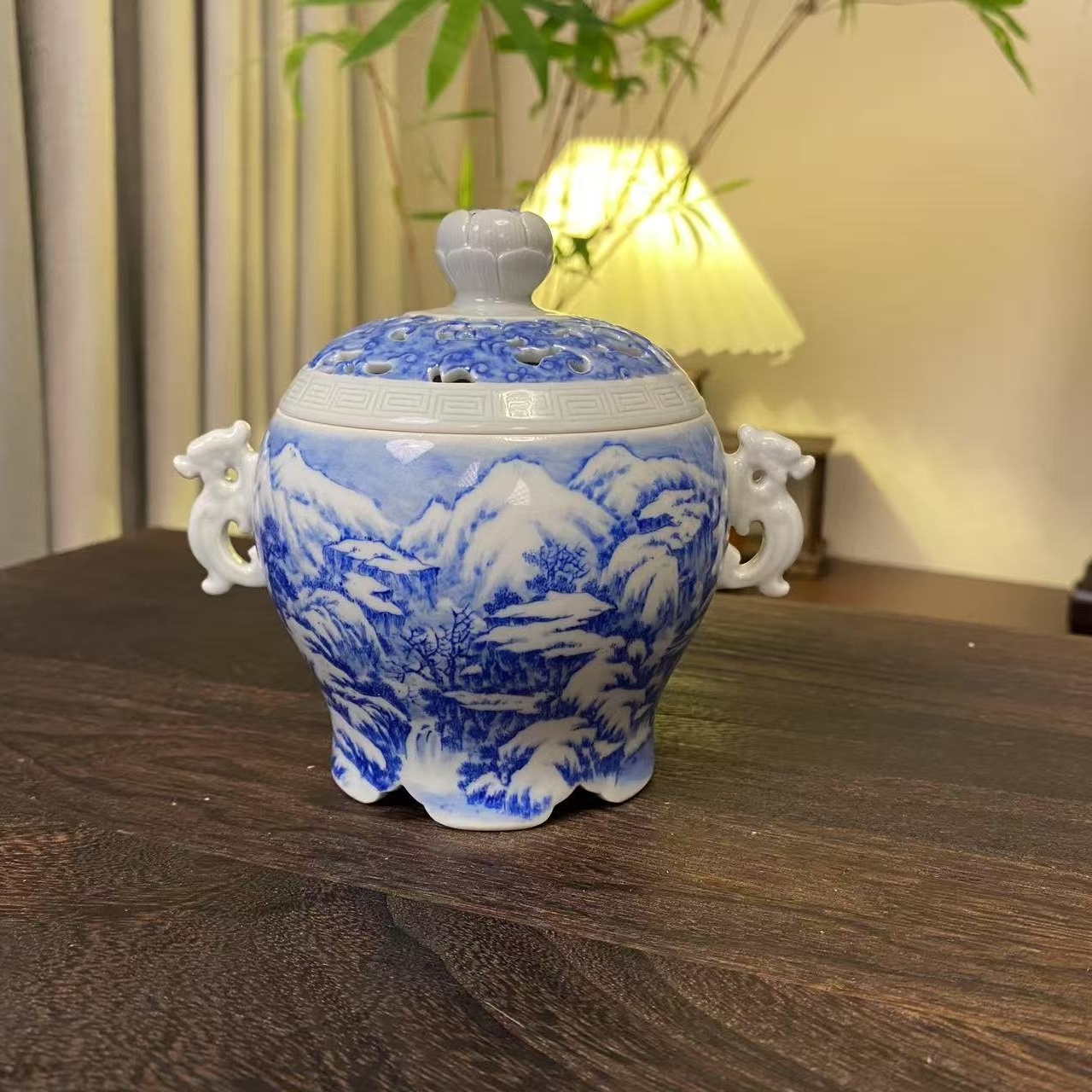 【四悦茶陶】镂空雕刻雪景香炉  景德镇陶瓷手工手绘高档