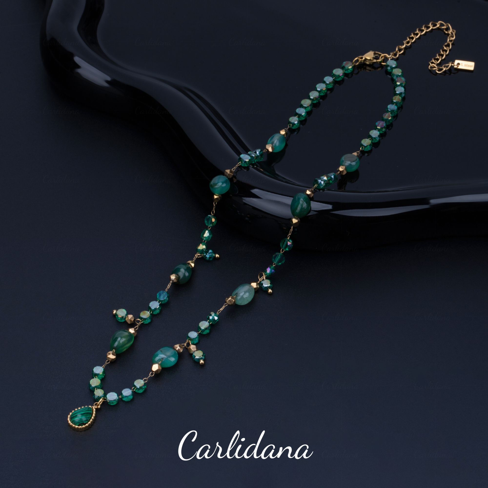 钛钢仿水晶项链 【CARLIDANA】手工高级轻奢小众绿色项链YX1296B