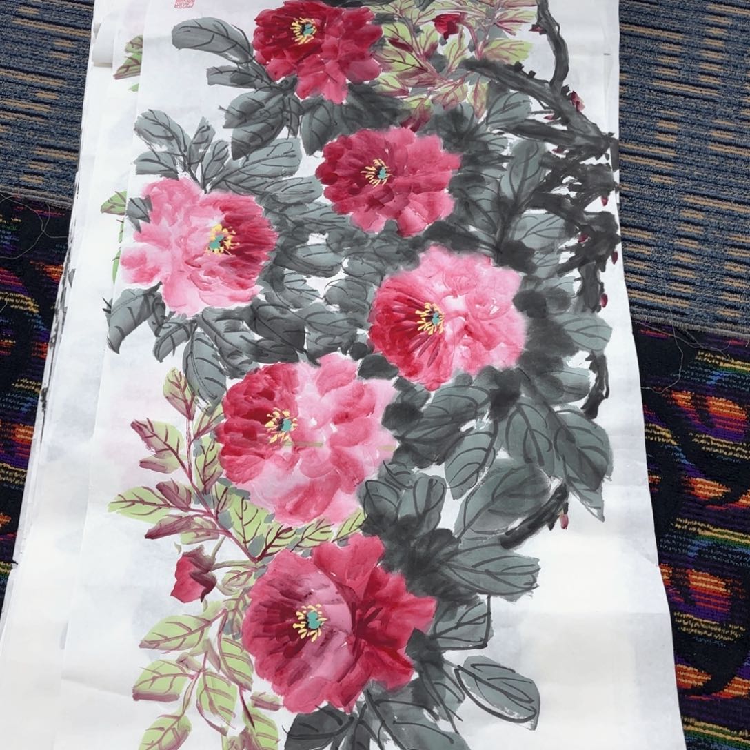 国画付真吉小六花鸟朱