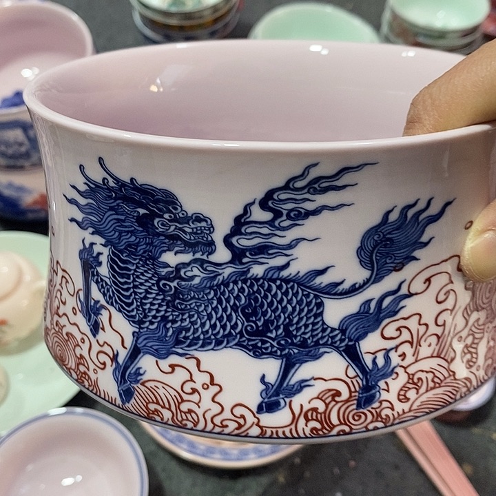 摆件陶红稀土麒麟釉里红水洗