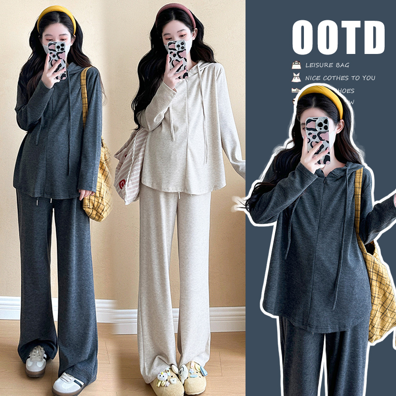 【因为爱】孕妇套装秋季时尚休闲舒适慵懒风半拉链连帽上衣阔腿裤