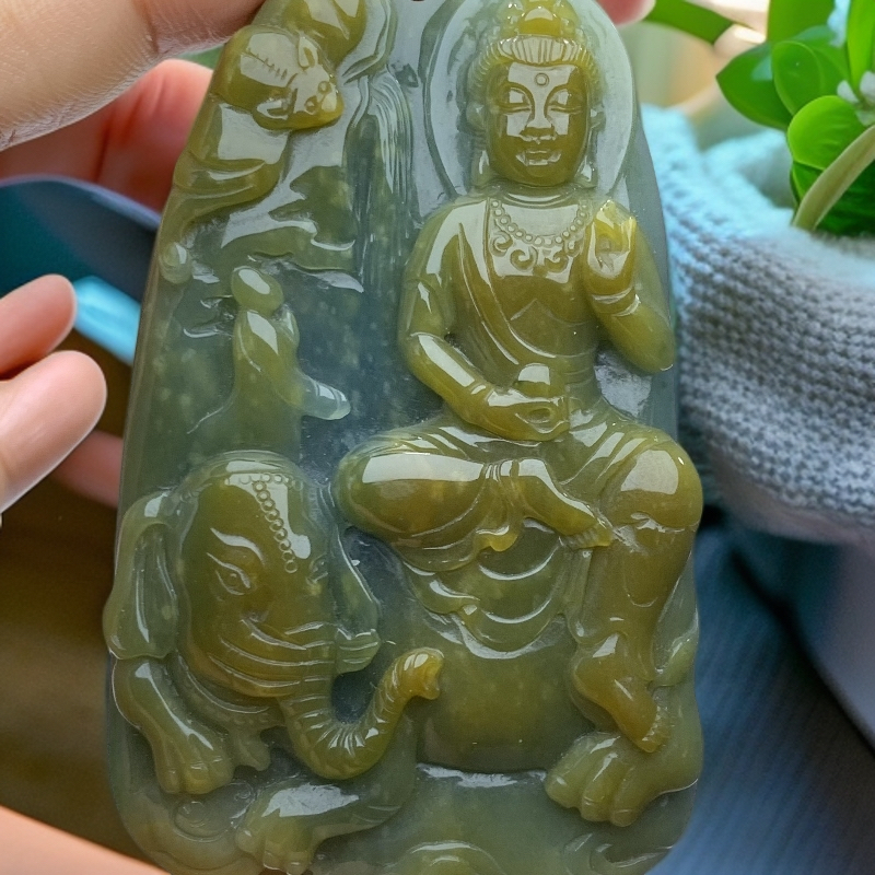 天然翡翠Ａ货立体精雕黄翡双彩普贤菩萨，龙蛇守护吊坠