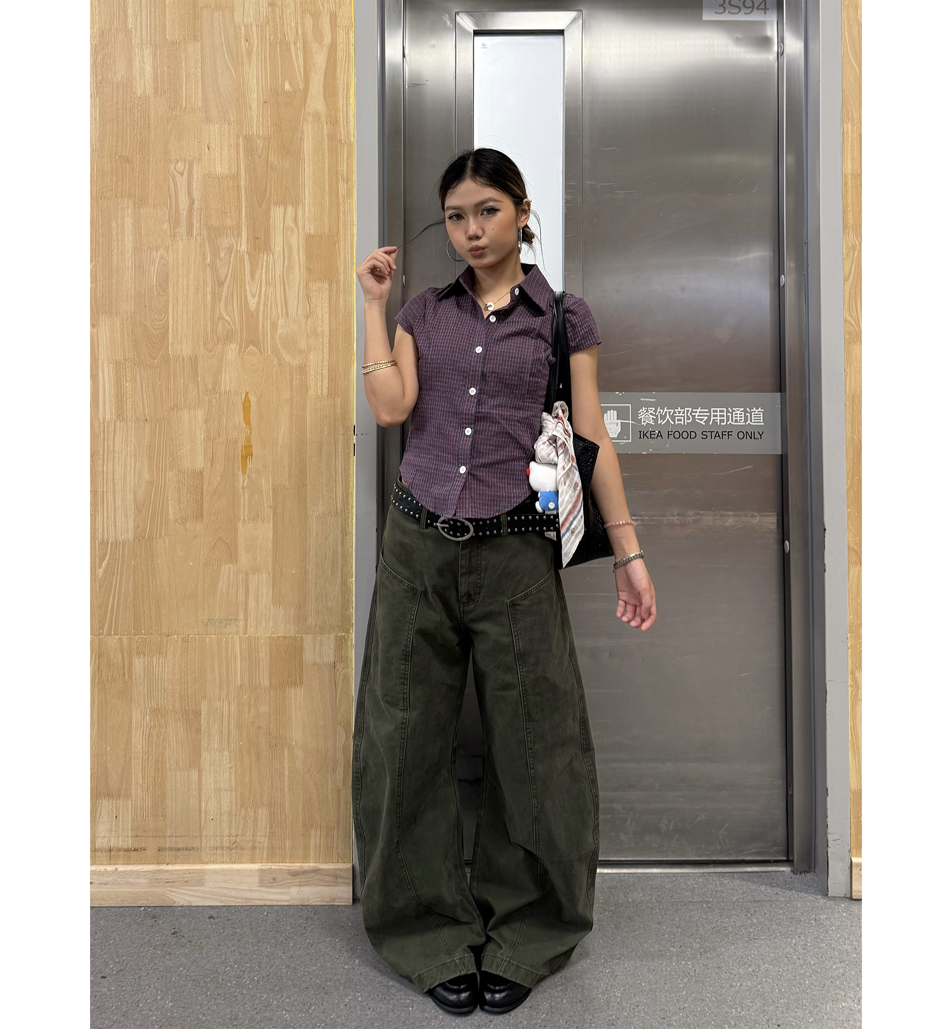 Don Cry美式学院风格子短袖衬衫女夏季辣妹修身显瘦翻领正肩上衣