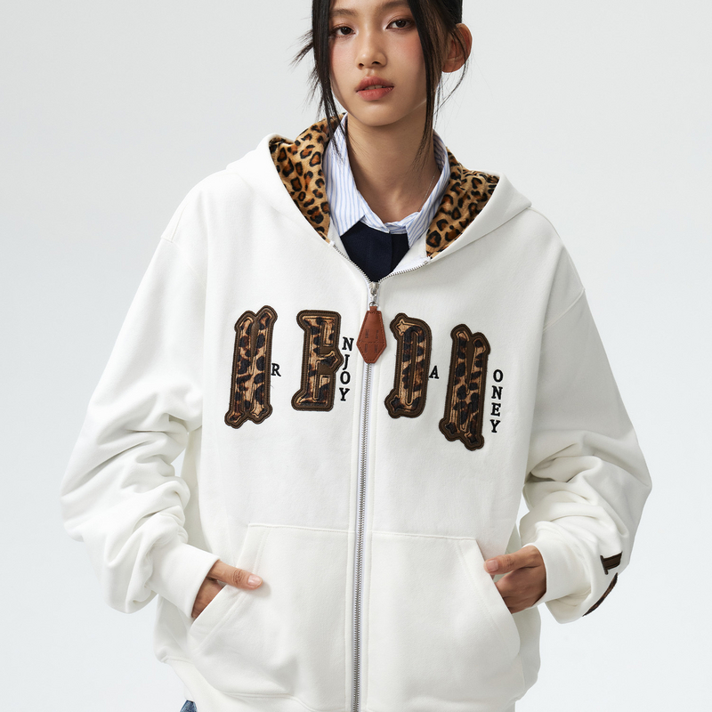 【双11好物】豹纹帽里皮牌休闲拉链美式通勤情侣休闲开衫连帽卫衣