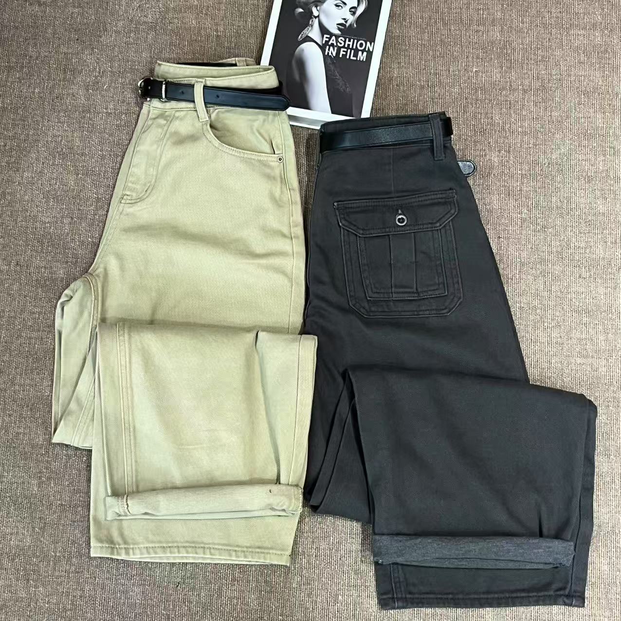 TING GE 磨毛款~韩版时髦高腰显瘦弯刀裤型牛仔裤【带腰带】 6263