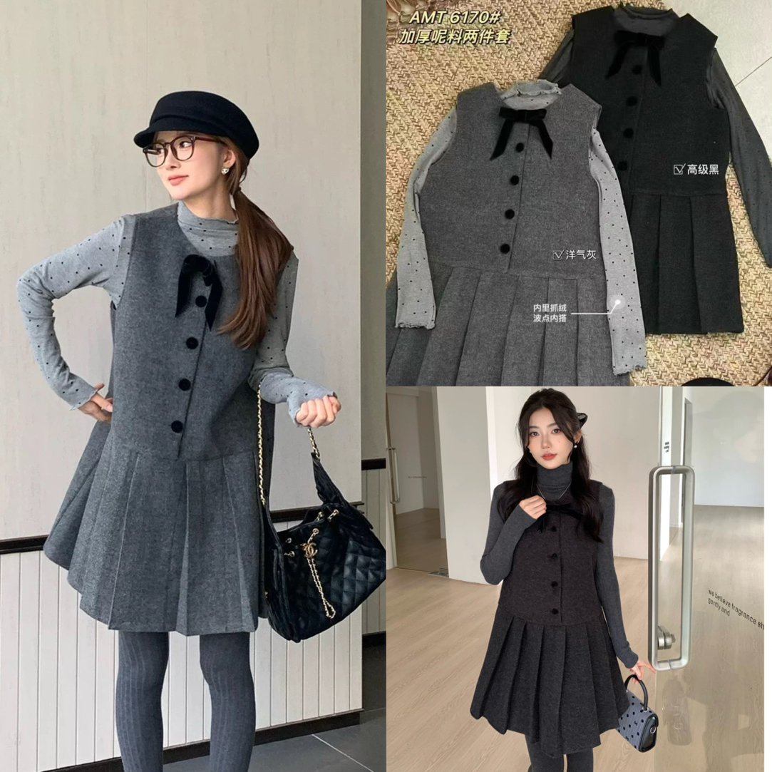 【张开心】韩版小香风蝴蝶结毛呢背心裙+波点打底衬衫两件套