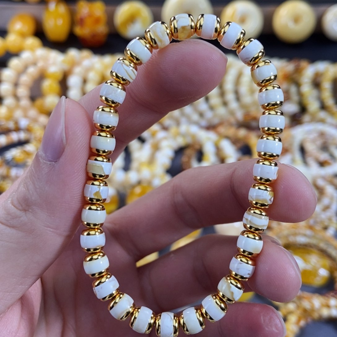 琥珀手链银S925镀金镶嵌6mm尺寸